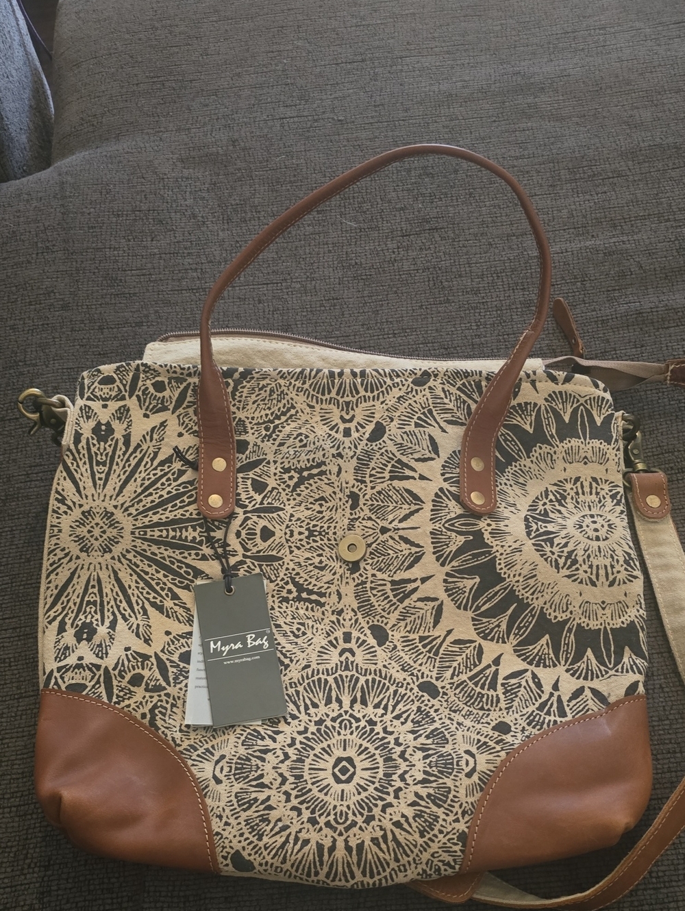 Myra Bag Black & Tan Mandala Canvas Tote with Brown Leather Trim